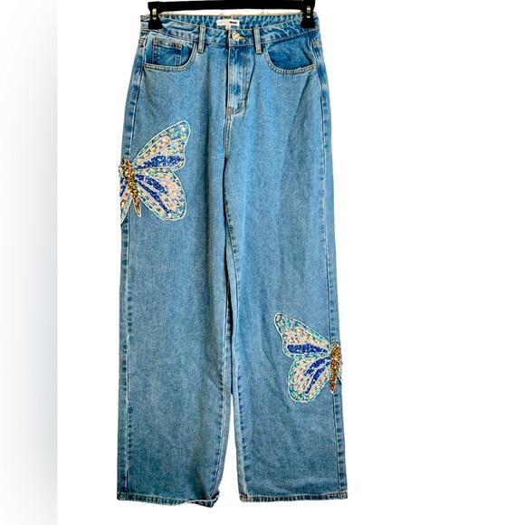 Fashion Nova Denim - Fashion Nova Light Denim Sequin Butterfly jeans with jeweled bottom Size Large